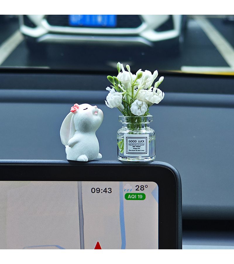 1pc White Jasmine Floral Rabbit Scented Mini Car Perfume Vase No Trace Sticker Cure Wind Decor Central Console Relief Driving Fatigue - Image 2