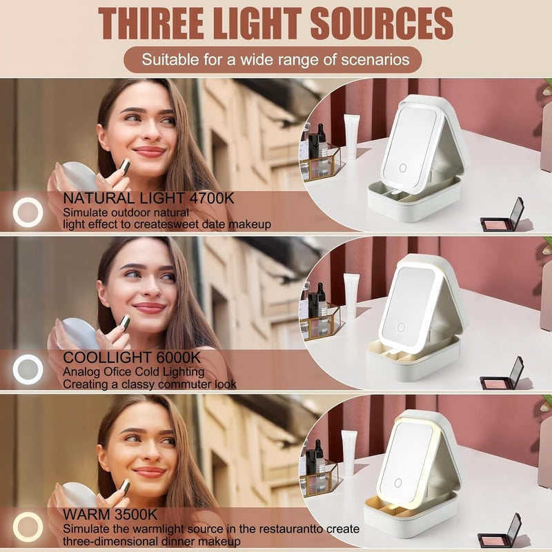 VVRAT LED Makeup Box with Adjustable LightUp Mirror 3 Color Light Settings DustProof Cosmetic Case Jewelry Organizer and MultiCompartment Storage Box for Women White - Image 4