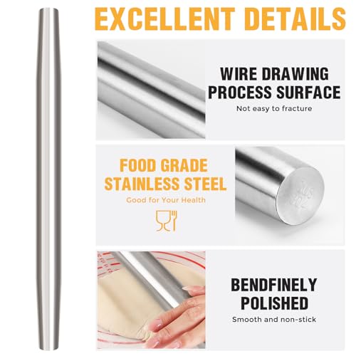 AMUZHI Smooth Stainless Steel Rolling Pin for Baking Fondant, Pizza, Pie, Pastry, Pasta, Dough, Cookies (12.8in) - Image 3