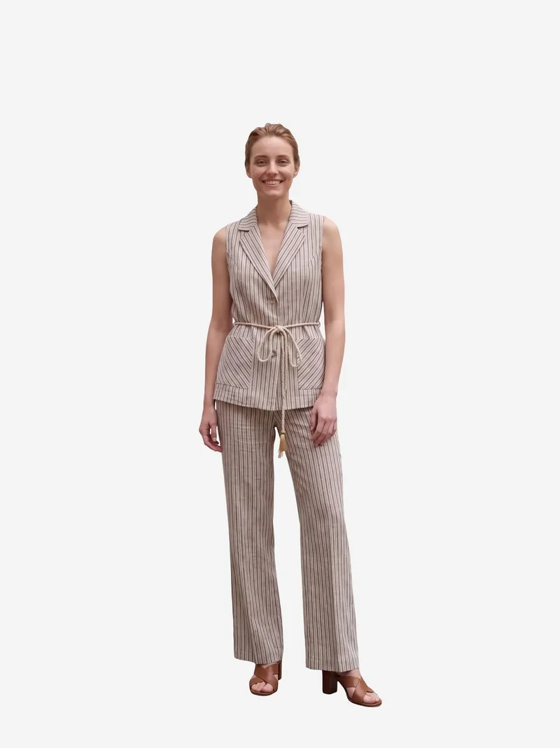 My Fashion Stone Natural MY FASHION Striped Shawl-Collar Vest and Wide-Leg Trousers Set for Women | Best Price UAE