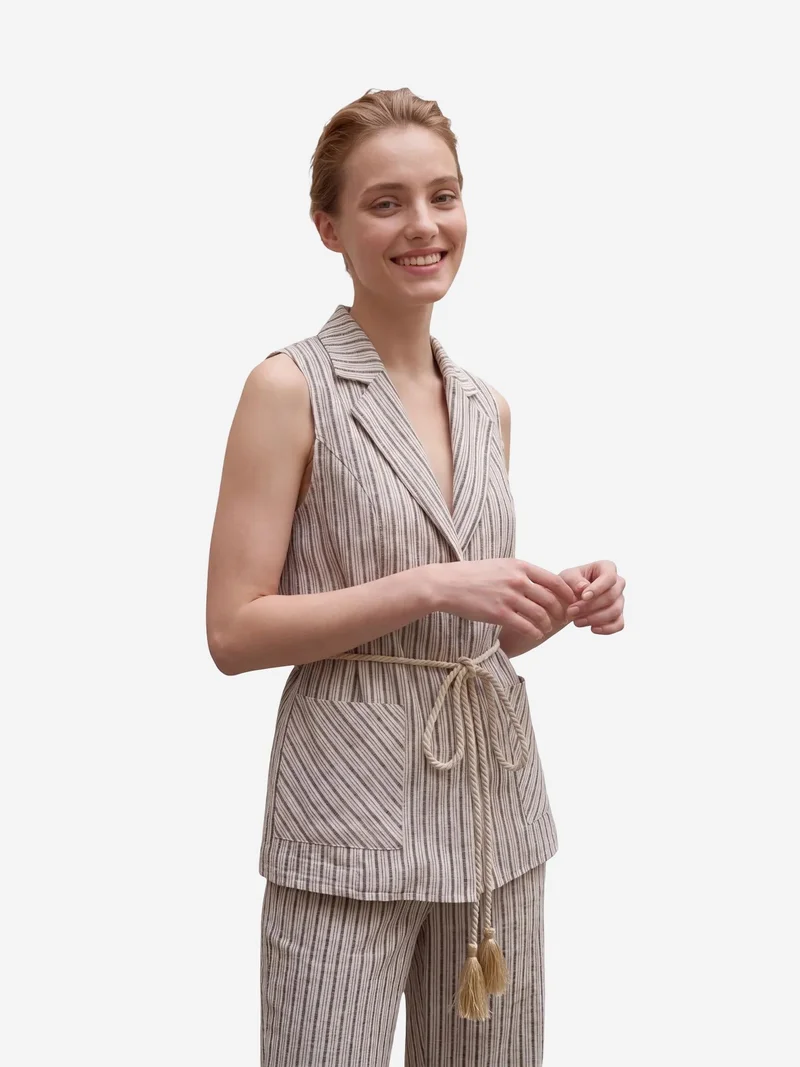 My Fashion Stone Natural MY FASHION Striped Shawl-Collar Vest and Wide-Leg Trousers Set for Women | Best Price UAE
