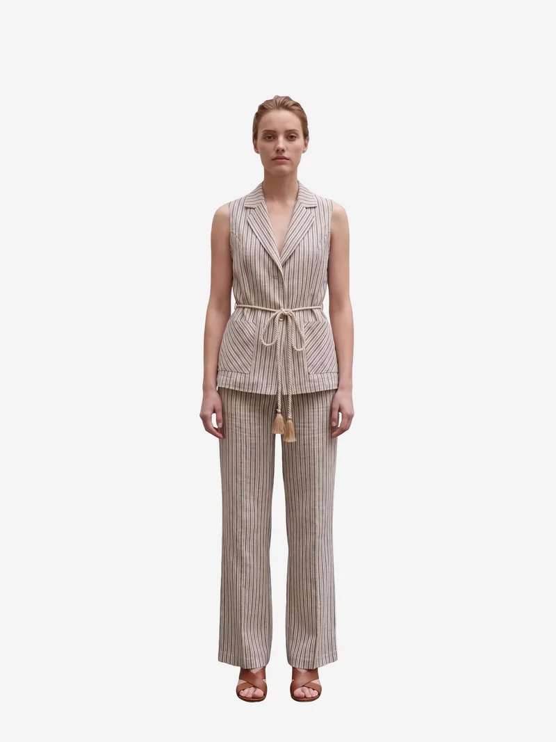 My Fashion Stone Natural MY FASHION Striped Shawl-Collar Vest and Wide-Leg Trousers Set for Women | Best Price UAE