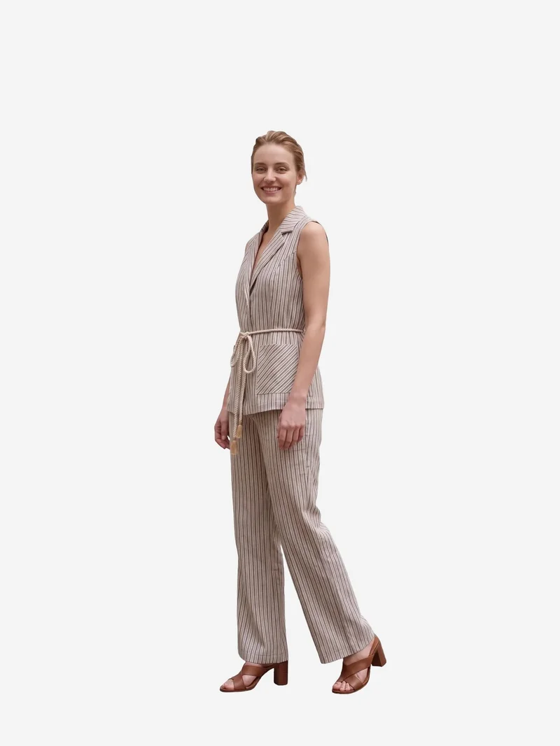 My Fashion Stone Natural MY FASHION Striped Shawl-Collar Vest and Wide-Leg Trousers Set for Women | Best Price UAE