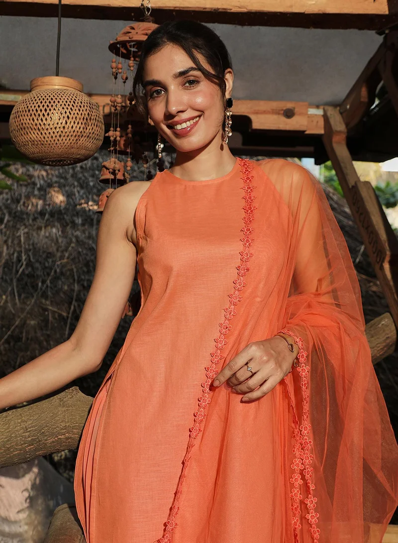 قصة Women's Tangerine Orange Flora Frill Kurta Set