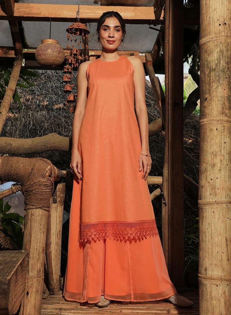  قصة Women's Tangerine Orange Flora Frill Kurta Set