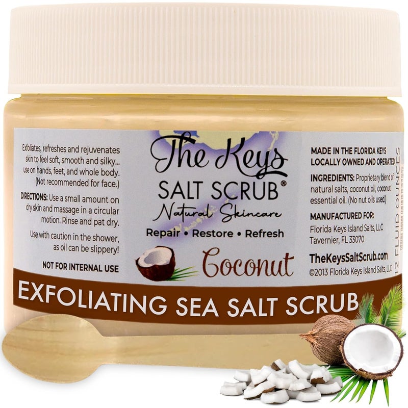 the keys salt scrub The Keys Salt Scrub  Coconut Sea Salt Scrub  Exfoliating Body Scrub Skin Care with Wooden Spoon for Men  Women  Natural Moisturizing Exfoliator for Face Hands Foot Bath  Bikini Area 12 oz