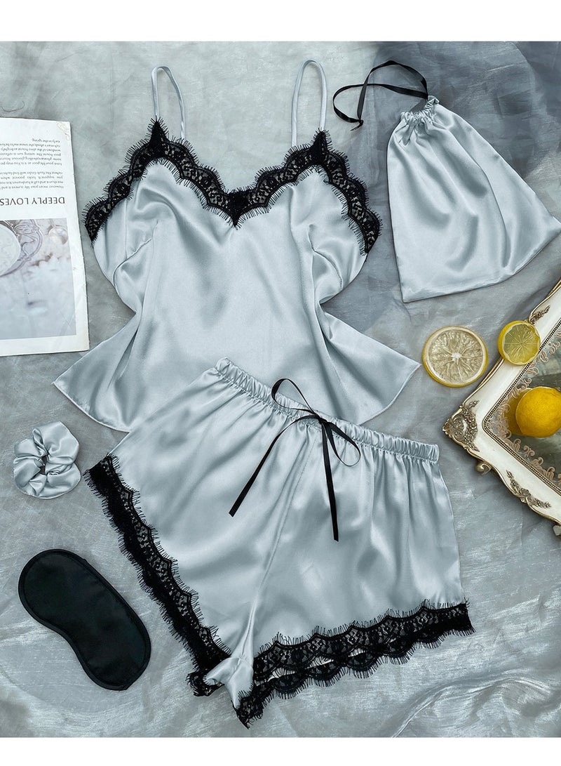 Loquat Women's Imitation Silk Lace Stitching 5-Piece Set Nightgown Sleepwear Suspender Top,Shorts, Eyeshade,Storage Bag And Rubber Band Soft Loungewear Pajamas Suit Dusty Blue 