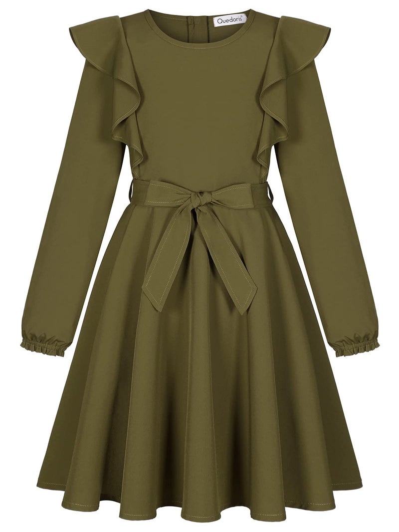 Quedoris Girls Ruffle Trim Long Sleeve Belted Dress with Zipper Army Green Fall 150Y - Image 3