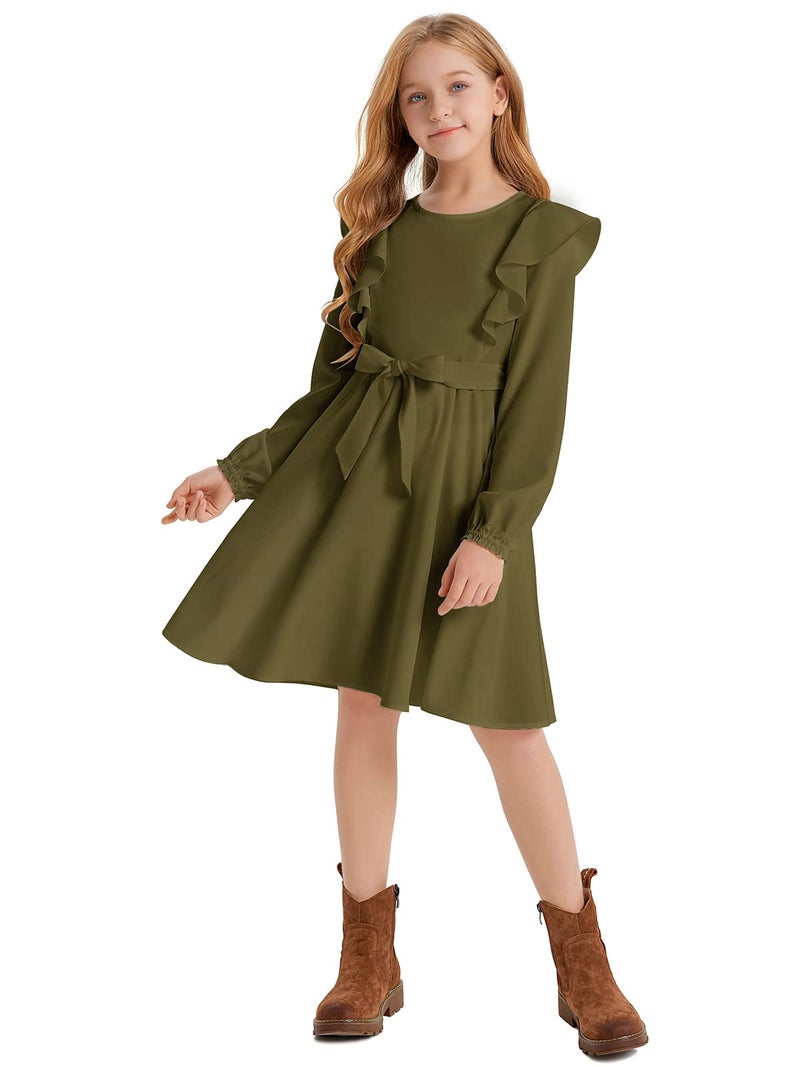 Quedoris Girls Ruffle Trim Long Sleeve Belted Dress with Zipper Army Green Fall 150Y - Image 2