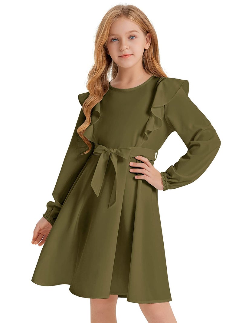 Quedoris Girls Ruffle Trim Long Sleeve Belted Dress with Zipper Army Green Fall 150Y - Image 1