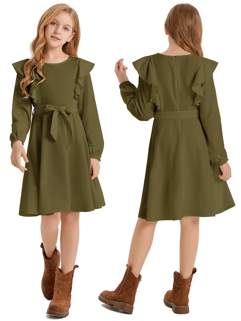 Quedoris Girls Ruffle Trim Long Sleeve Belted Dress with Zipper Army Green Fall 150Y - Image 4