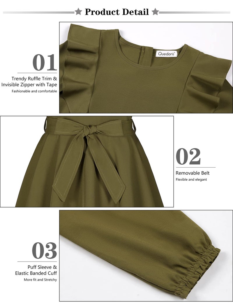 Quedoris Girls Ruffle Trim Long Sleeve Belted Dress with Zipper Army Green Fall 150Y - Image 5