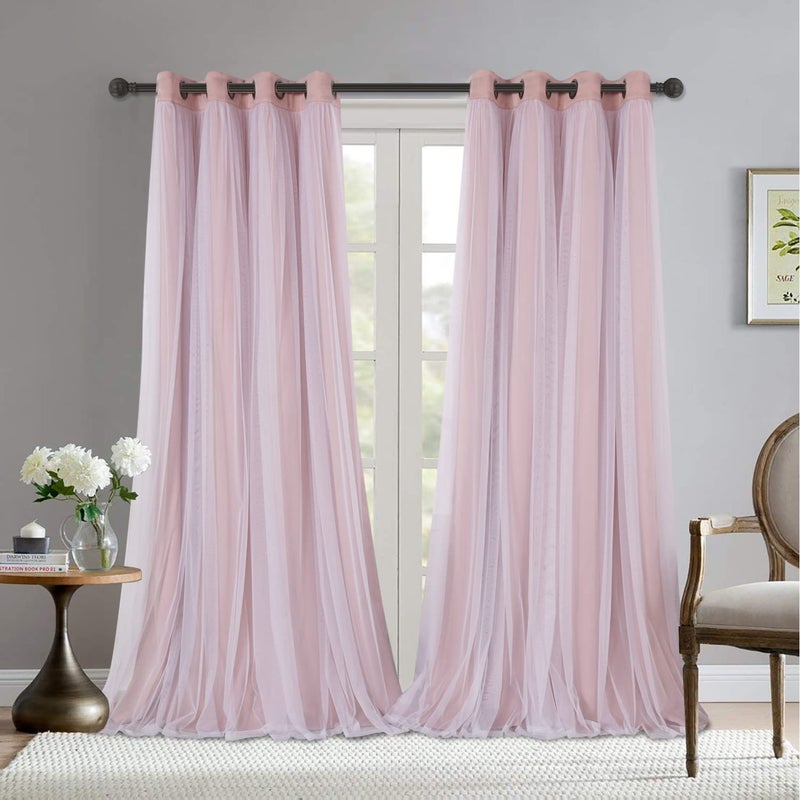 BONZER Mix and Match Blackout Curtains Grommet DoubleLayered Curtains with White Sheer Voile for Living Room Blush 52x95 Inch Set of 2 Panels