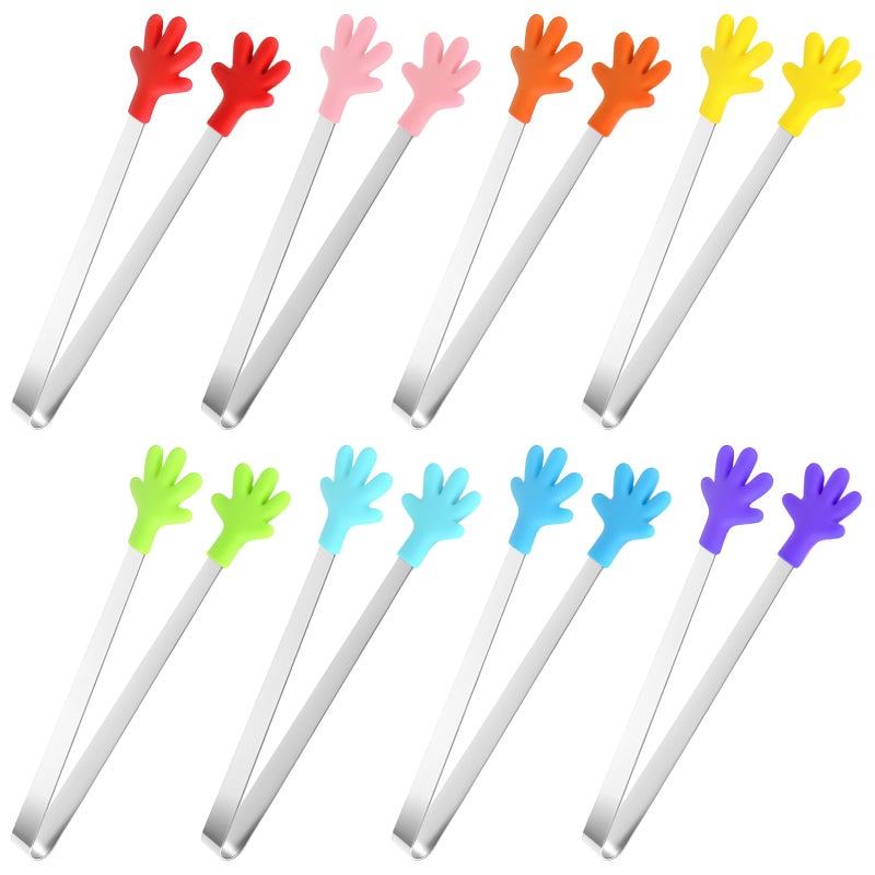 JXHAPY 8PCS Mini Food Tongs, Small Stainless Steel Tongs with Silicone Tips, for Ice Cube, fruits, Sugar, Barbecue, 5.3 inchï¼Œ8 Colors (Palm shape) - Image 1