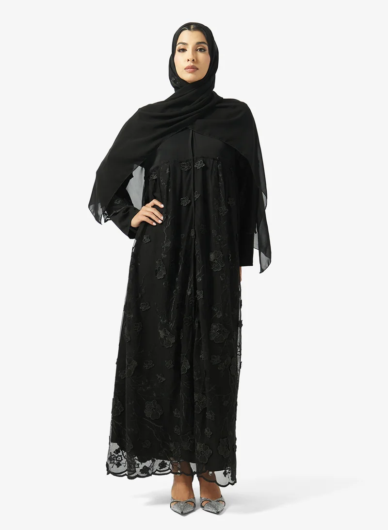 Mesh Embellished Collar Neck Abaya