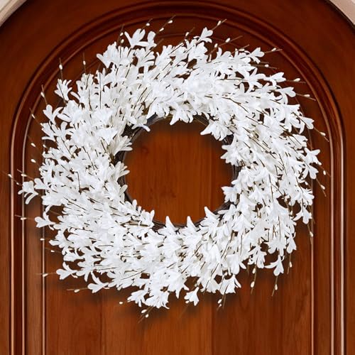 GTIDEA 24" Spring Wreath Forsythia Wreath for Front Door, Artificial White Forsythia Flower Wreath on Grapevine for Home Indoor Outdoor Wall Window Garden Porch Farmhouse Spring Decor - Image 1