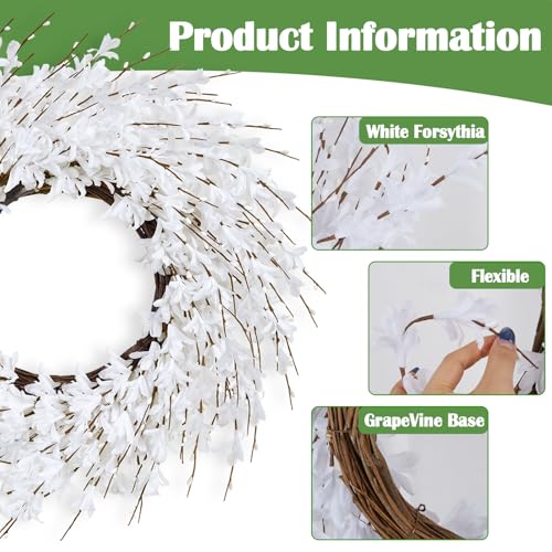 GTIDEA 24" Spring Wreath Forsythia Wreath for Front Door, Artificial White Forsythia Flower Wreath on Grapevine for Home Indoor Outdoor Wall Window Garden Porch Farmhouse Spring Decor - Image 2