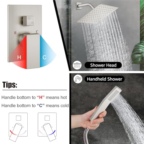 Midanya Shower Faucet Set,Wall Mount Shower System with Square Rain Shower Head and Hand Sprayer, Rough-in Valve Body and Trim Kit Included,8 Inch,Brushed Nickel - Image 4