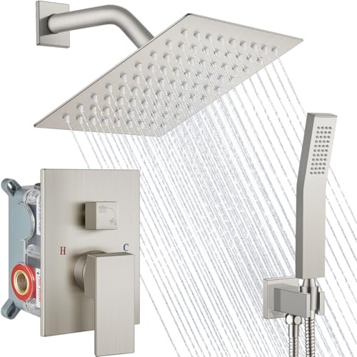 Midanya Shower Faucet Set,Wall Mount Shower System with Square Rain Shower Head and Hand Sprayer, Rough-in Valve Body and Trim Kit Included,8 Inch,Brushed Nickel - Image 1
