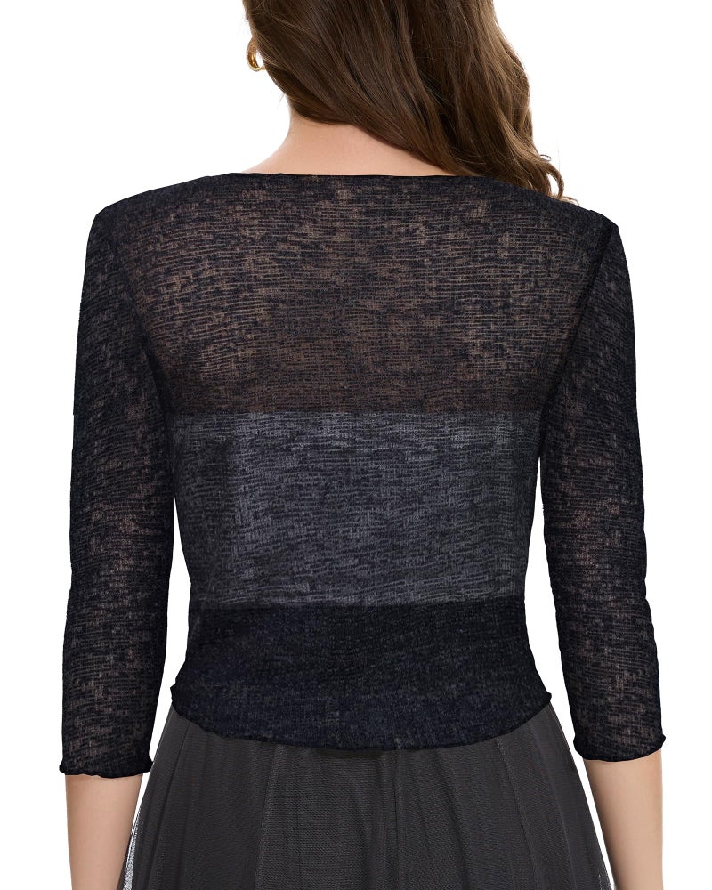 CHICGAL Women Crop Cardigan Sheer Mesh Bolero Shrug for Dress Tie Front 3/4 Sleeve Tops (Black,L) - Image 4