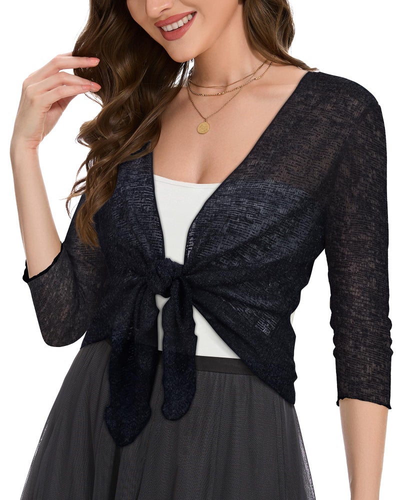 CHICGAL Women Crop Cardigan Sheer Mesh Bolero Shrug for Dress Tie Front 3/4 Sleeve Tops (Black,L) - Image 5