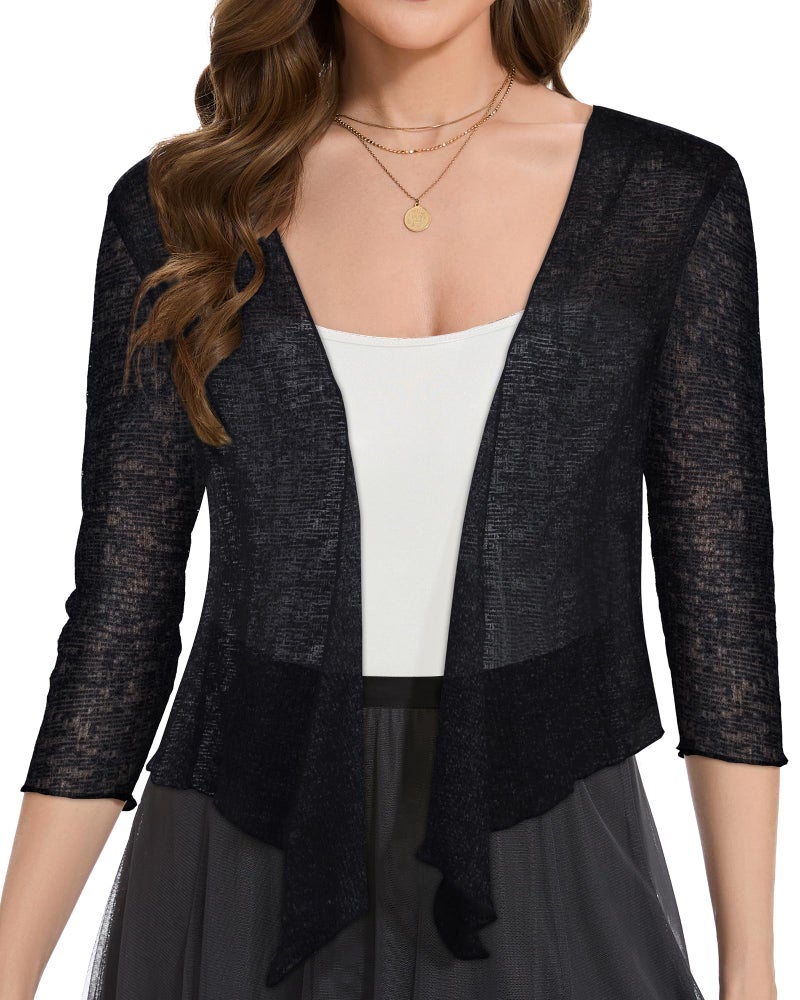 CHICGAL Women Crop Cardigan Sheer Mesh Bolero Shrug for Dress Tie Front 3/4 Sleeve Tops (Black,L) - Image 2