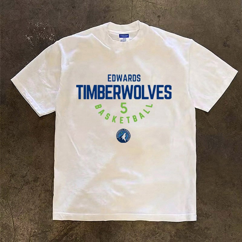 Timberwolves Edwards No. 5 jersey basketball short-sleeved T-shirt men's fashion brand 300g heavy cotton training top - Image 3