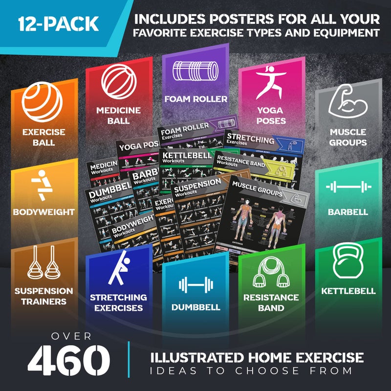 GRAND BASICS [12-PACK] Laminated Large Workout Poster Set - Perfect Workout Posters for Home Gym - Exercise Charts Incl. Dumbbell, Yoga Poses, Resistance Band, Kettlebell, Stretching & More Fitness Gym Posters - Image 3