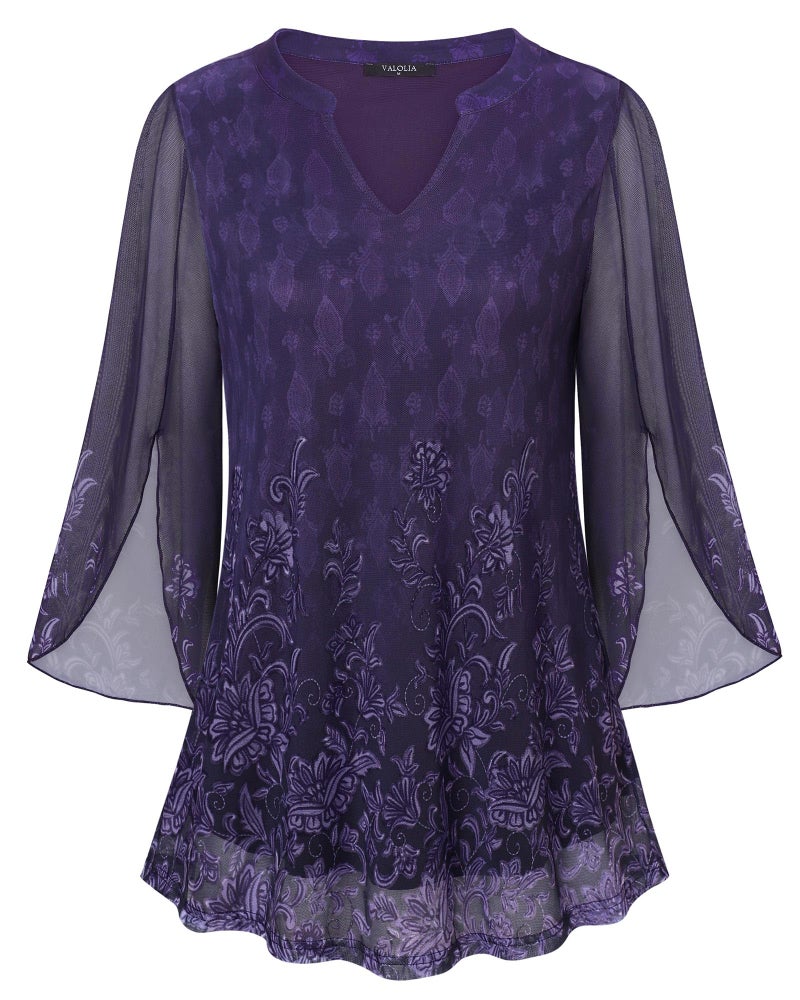 VALOLIA Womens Tunics 3 4 Sleeve, Blouses for Women Dressy Casual, Tops for Women Fall Blouses 2025 Blouses & Button-Down Shirts Loose Fit Flowy Swing Tunic Tops Deep Violet X-Large - Image 1
