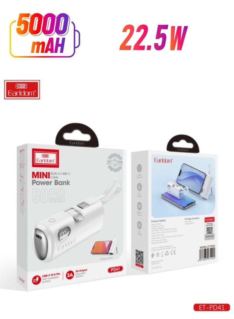 Earldom Mini 5000mAh Powerbank PD41 | 22.5W Fast Charging Portable Charger for Smartphones & Devices | Compact, Lightweight, High-Performance, Ultra-Fast Charging Power Bank for Travel & Daily Use | Powerbank for iPhone, Samsung & More - Image 1