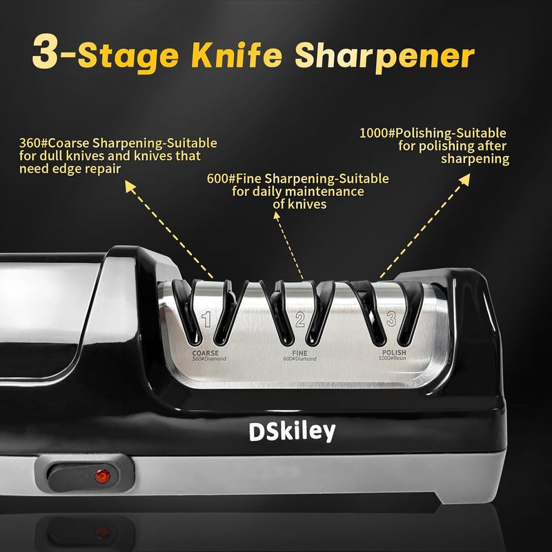 dskiley Electric Knife Sharpener for Kitchen – Professional 3-Stage 100% Diamond System with 20° Precision Angle, Fast Sharpening to Restore & Polish Chef Knives(Black) - Image 4