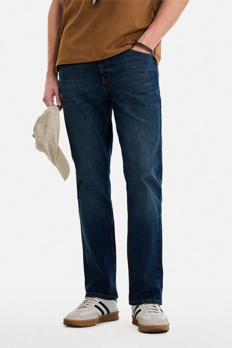 سنيتش Dark Blue Solid Straight Fit Casual Jeans