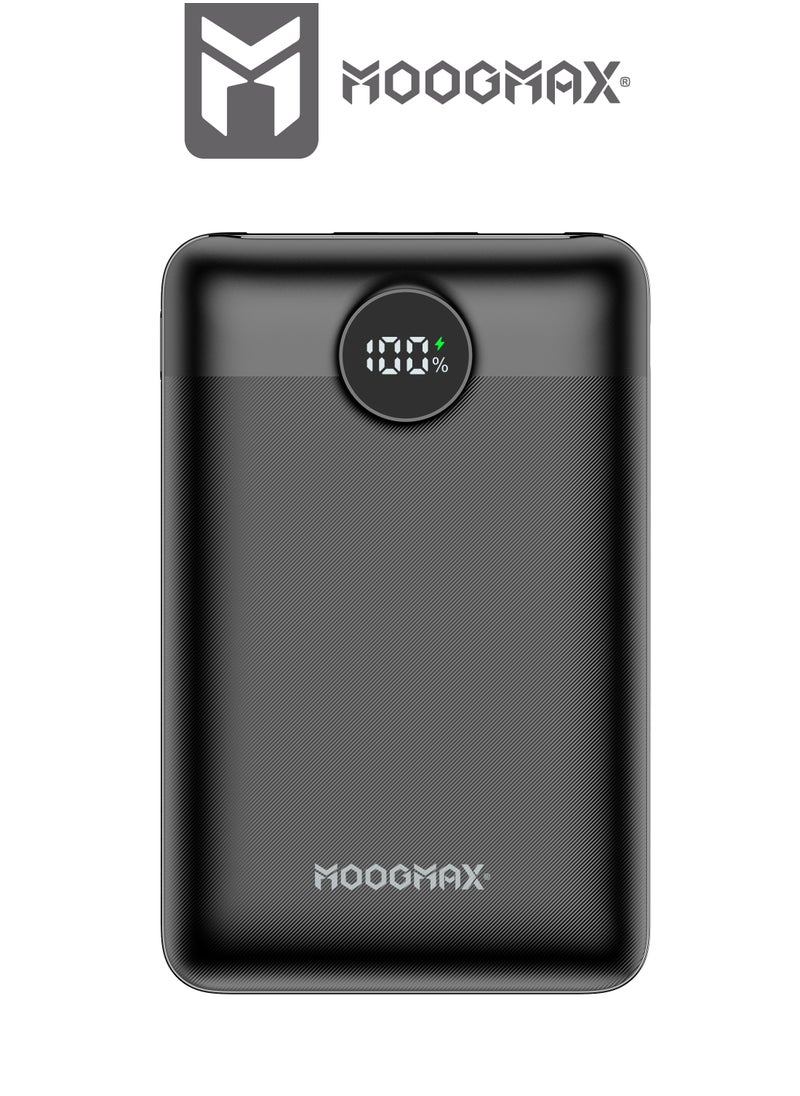 باور بنك سوبر سمول سايز بسعة 20000mAh وقوة 45واط، يدعم الشحن السريع ,مزود بشاشة رقمية LED لمعرفة مستوى الشحن، يمكن استخدامه على الطائرات والقطارات. باللون اسود من موجماكس.