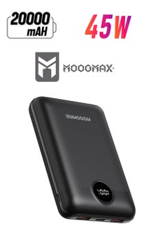 موجماكس باور بنك سوبر سمول سايز بسعة 20000mAh وقوة 45واط، يدعم الشحن السريع ,مزود بشاشة رقمية LED لمعرفة مستوى الشحن، يمكن استخدامه على الطائرات والقطارات. باللون اسود من موجماكس.  - Image 1