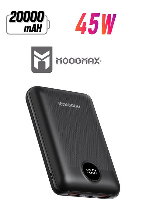باور بنك سوبر سمول سايز بسعة 20000mAh وقوة 45واط، يدعم الشحن السريع ,مزود بشاشة رقمية LED لمعرفة مستوى الشحن، يمكن استخدامه على الطائرات والقطارات. باللون اسود من موجماكس.