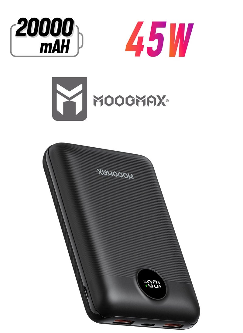 باور بنك سوبر سمول سايز بسعة 20000mAh وقوة 45واط، يدعم الشحن السريع ,مزود بشاشة رقمية LED لمعرفة مستوى الشحن، يمكن استخدامه على الطائرات والقطارات. باللون اسود من موجماكس.