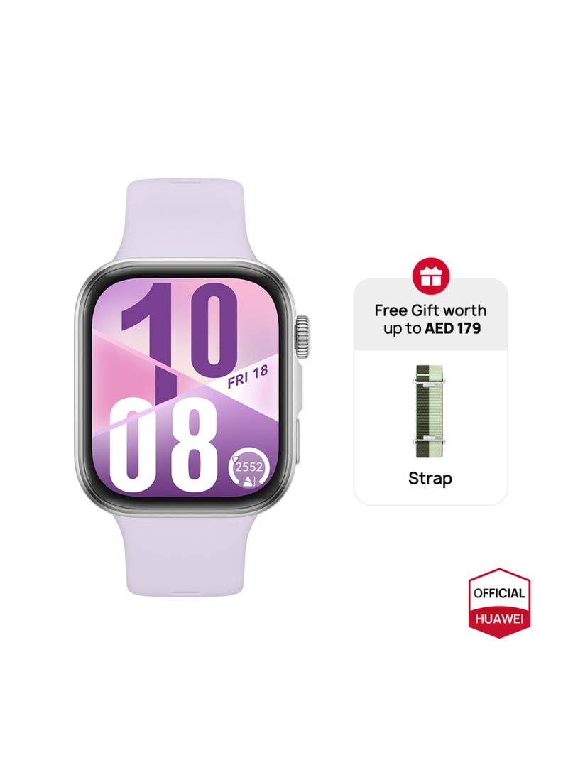 HUAWEI Watch FIT4 Smart Watch, 1.82” Display, 100+ Sports modes, Fitness and Sleep Tracker, Heart Rate Monitor, Emotional Wellbeing Assistant, up to 10-Day Battery Life, iOS & Android + Free Strap Purple (Fit4) - Image 1