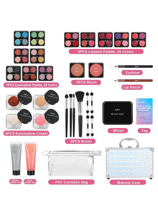 Anpro All-In-One Makeup Carry Case With Pro Teen Makeup Set, Full Starter Cosmetics Kit With Makeup Brushes, Lipsticks, Eye Shadows Palette, Blushes, Glitter Gel - Image 2