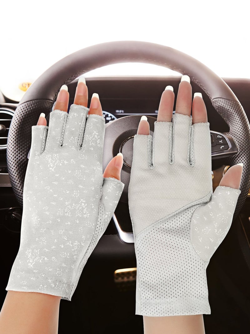 Maxdot 2 Pairs Women Sunblock Fingerless Gloves UV Protection Driving Gloves Summer Mitten Non Slip for Outdoor Cycling Manicures (Grey,Khaki) - Image 3