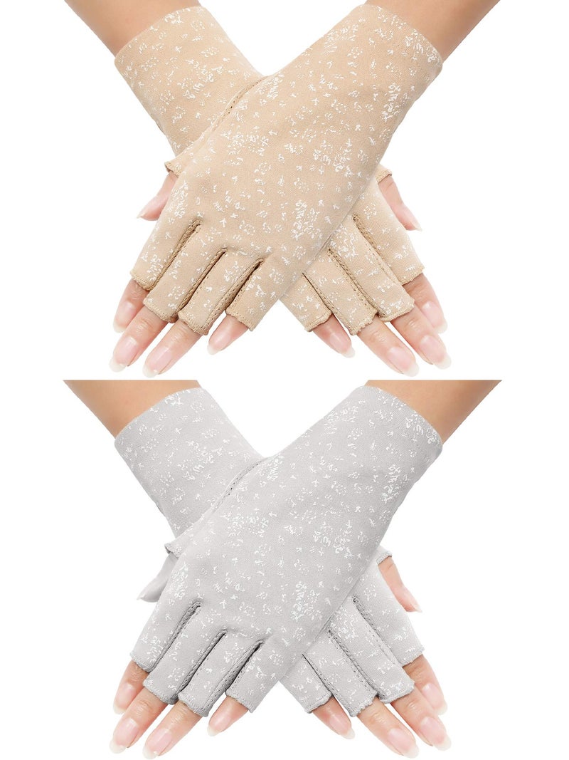 Maxdot 2 Pairs Women Sunblock Fingerless Gloves UV Protection Driving Gloves Summer Mitten Non Slip for Outdoor Cycling Manicures (Grey,Khaki) - Image 1