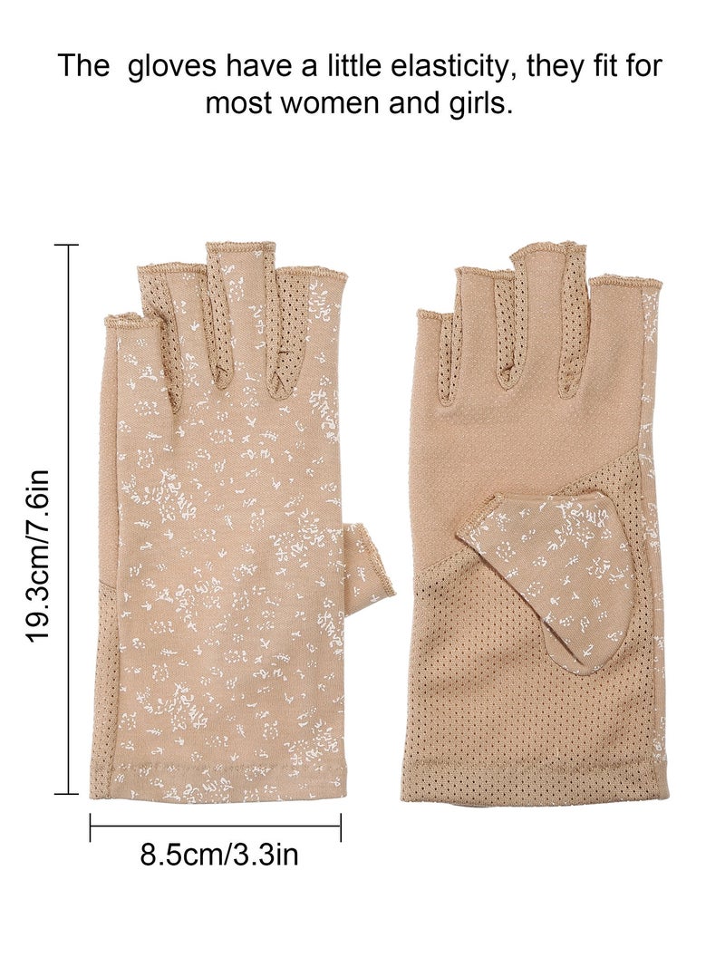 Maxdot 2 Pairs Women Sunblock Fingerless Gloves UV Protection Driving Gloves Summer Mitten Non Slip for Outdoor Cycling Manicures (Grey,Khaki) - Image 2