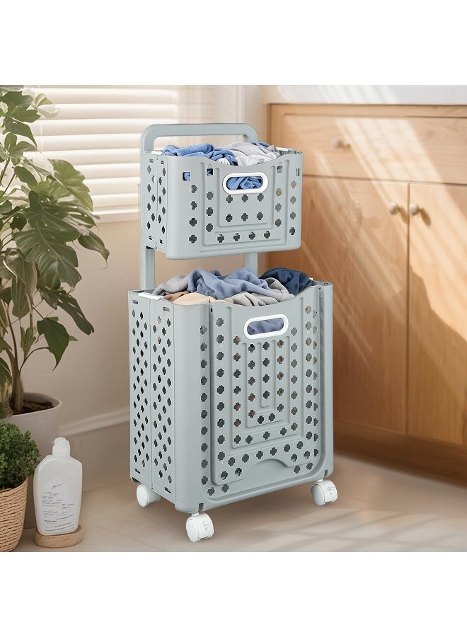 Foldable Laundry Basket with wheels,Large Multi-Purpose Home Storage Basket,Plastic Foldable Pullout Handle Laundry Bin Container,Space Saving,Lightweight and Portable - Image 1