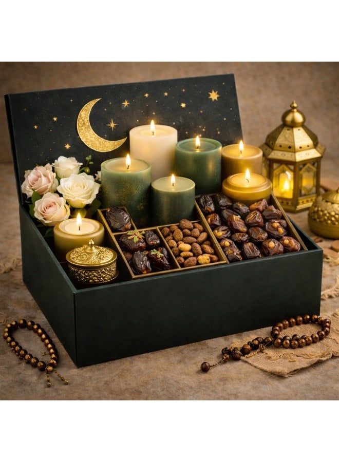 Ramadan Luxury Candle & Dates Gift Hamper – Premium Iftar Sweets & Decorative Lantern Box – Elegant Ramadan Mubarak Gift Set
