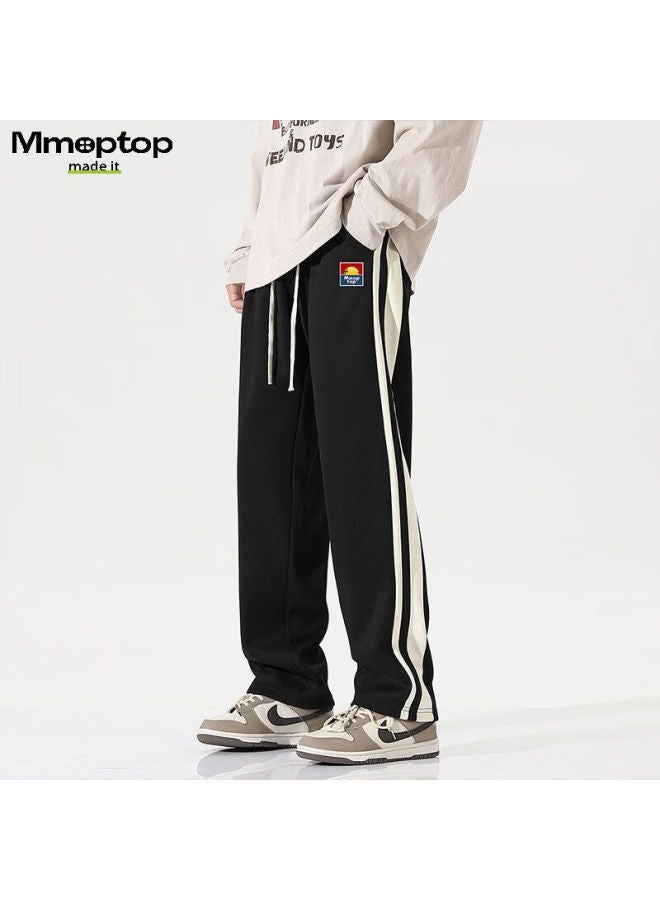 Mmoptop Trendy Heavy Striped Printed Pants For Men, Spring And Summer Wide-leg Straight Casual Trousers K2199 Black 2XL - Image 1