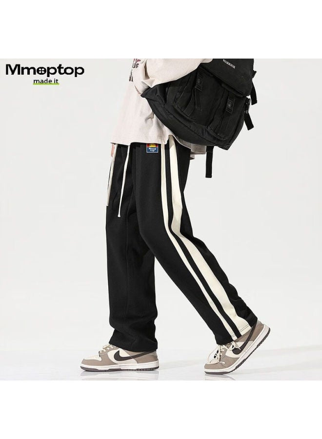 Mmoptop Trendy Heavy Striped Printed Pants For Men, Spring And Summer Wide-leg Straight Casual Trousers K2199 Black 2XL - Image 3