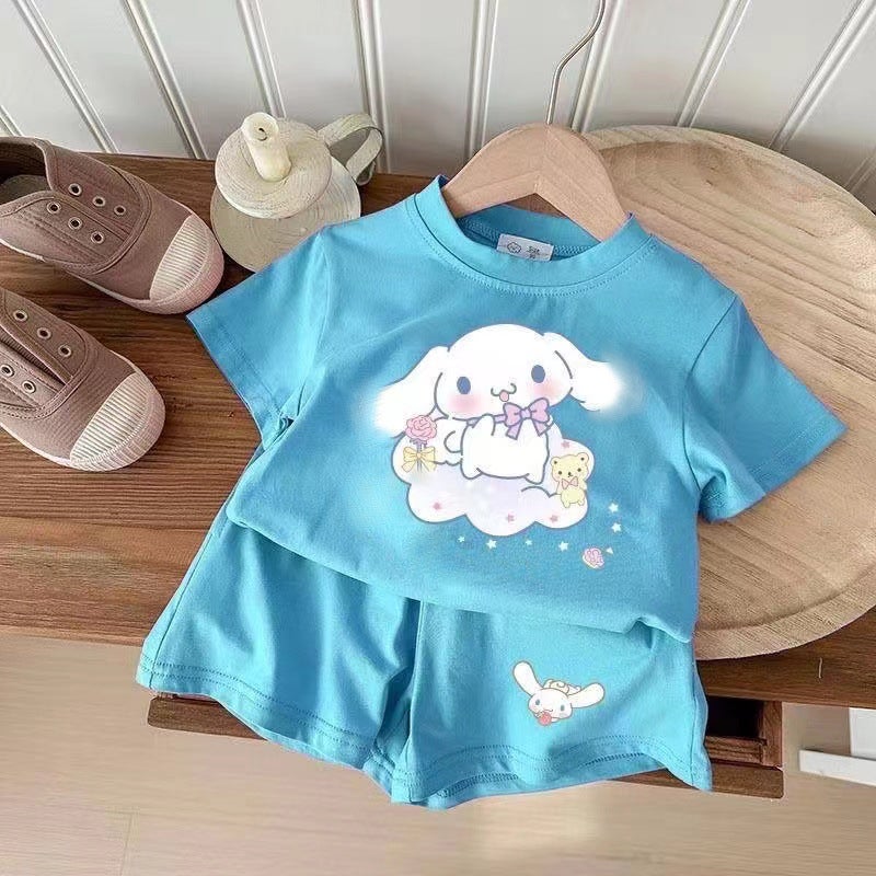 New arrival small and medium girl baby dopamine cartoon fashion simple T-shirt ins shorts two-piece suit summer [Blue] suit 038#