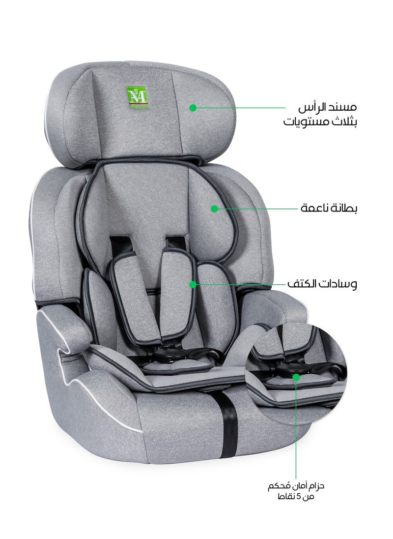 MAAS - MAAS 3 in 1 Folding Baby Car Seat with Booster Seat and Adjustable Headrest 5 Point Safety Harness Suitable for Children from 9 Months to 12 Years Group 1-2-3 and Holds up to 36 Kg Color - Gray - Image 1