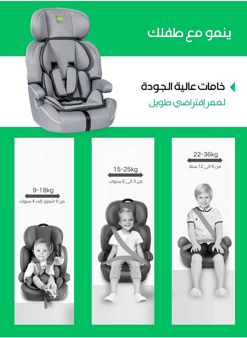 MAAS - MAAS 3 in 1 Folding Baby Car Seat with Booster Seat and Adjustable Headrest 5 Point Safety Harness Suitable for Children from 9 Months to 12 Years Group 1-2-3 and Holds up to 36 Kg Color - Gray - Image 1