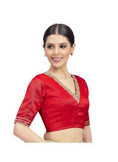 Studio Shringaar Studio Shringaar Women's Readymade Silky Elbow Length Sleeves Saree Blouse With Embroidered Neckline (Red, 38)  - Image 5