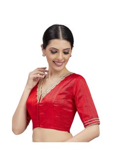 Studio Shringaar Studio Shringaar Women's Readymade Silky Elbow Length Sleeves Saree Blouse With Embroidered Neckline (Red, 38)  - Image 4
